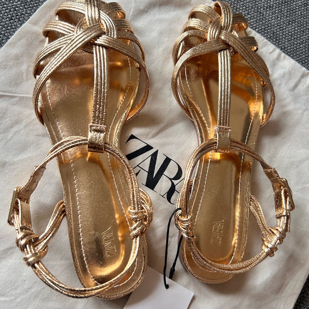 Zara Metallic Gold Strappy Sandals